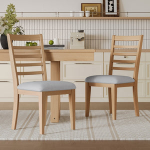 English Elm 2-piece Farmhouse Ladder Back Dining Chair Set Rubberwood Frame Upholstered Seat Kitchen Natural+Beige N752P436724N