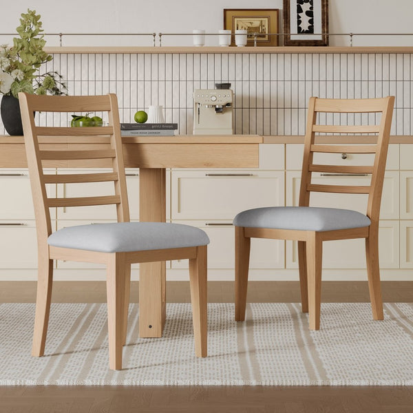 English Elm 2-piece Farmhouse Ladder Back Dining Chair Set Rubberwood Frame Upholstered Seat Kitchen Natural+Beige N752P436724N