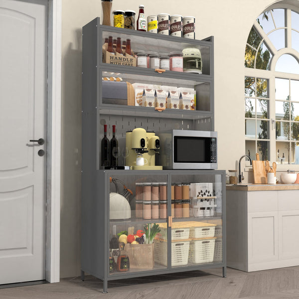 English Elm 73'' Tall 6-Tier Steel Pantry Cabinet with Flip Door & Pegboard, Adjustable Shelves, Anti-Tip Storage Grey W3387P306357