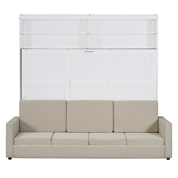 English Elm Queen Murphy Wall Bed with Linen Sofa for Studio and Small Space Living White LP000892AAK