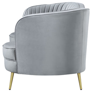 English Elm Reigha Velvet Loveseat in Grey with Gold Legs — Mid-Century Modern Channel Tufted Curved Bench Cushion Elegance B062P351443