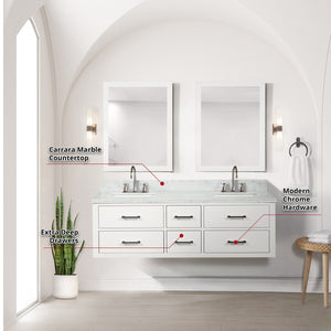 English Elm Castor 60" White Double Bath Vanity with Carrara Marble Top, Chrome Faucets & 28" Mirrors, Assembled B2731P336968