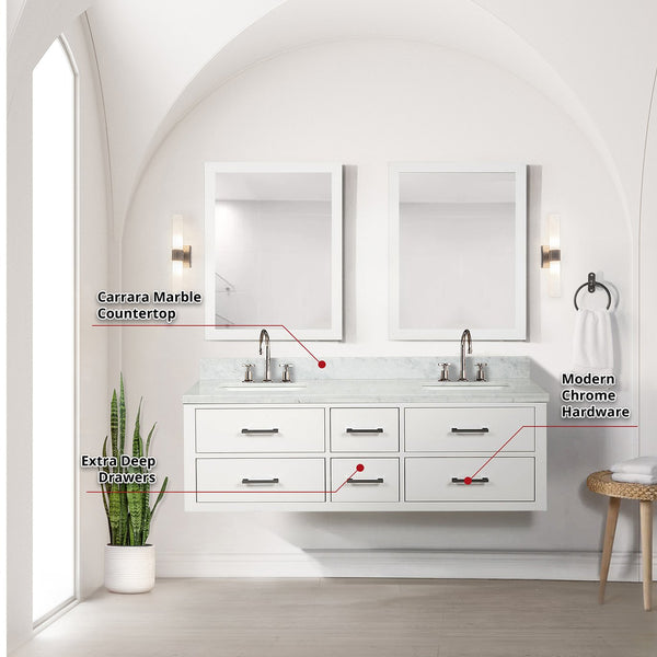 English Elm Castor 60" White Double Bath Vanity with Carrara Marble Top, Chrome Faucets & 28" Mirrors, Assembled B2731P336968