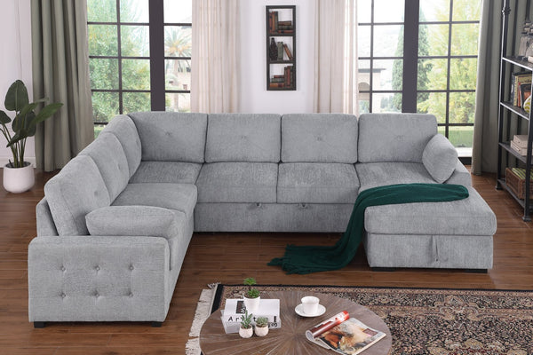 English Elm Multi Functional L Shaped Sectional Sofa with Sleeper and Hidden Storage Chaise Light Gray B2730S00056