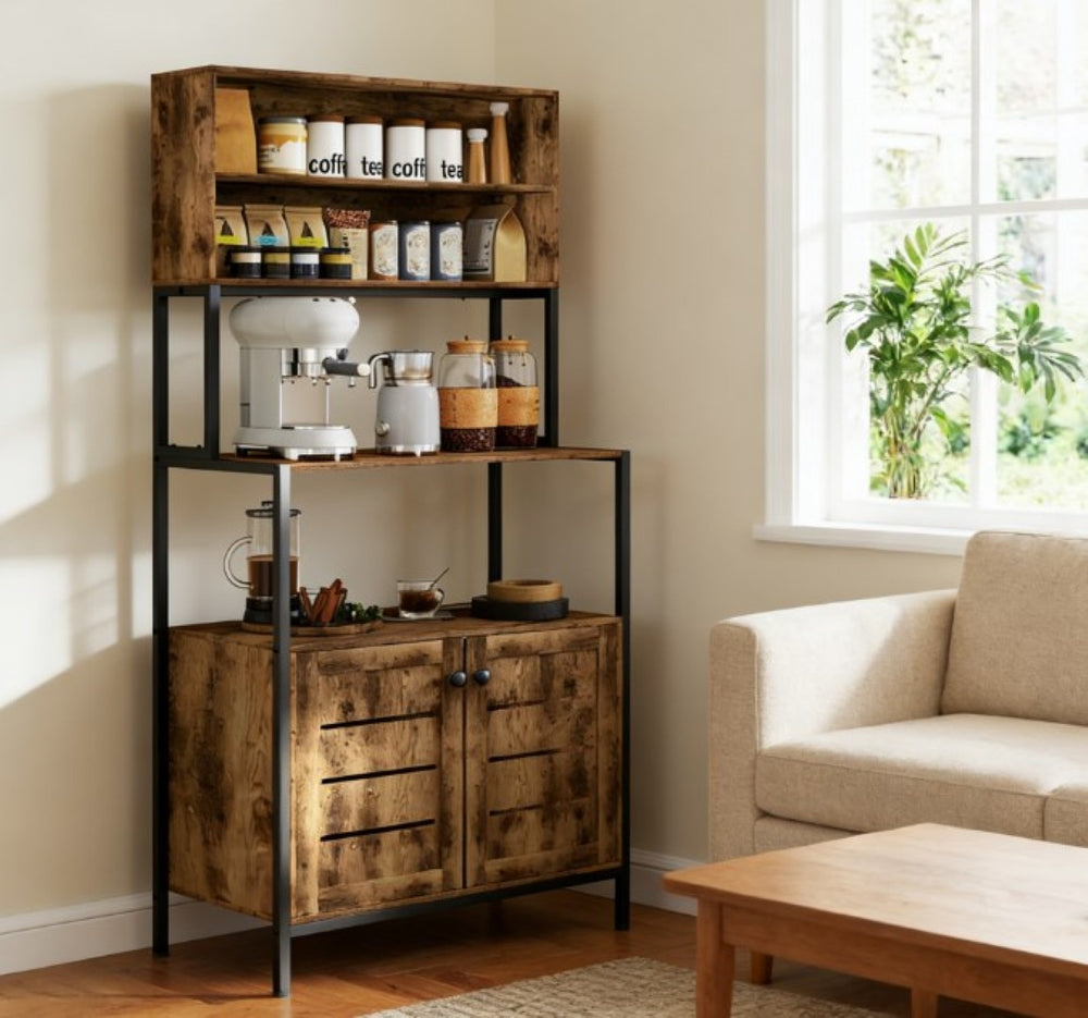 English Elm Convenient Matte Black Bakers Rack with Power Outlets Usb Ports and Open Shelving T3971P429619