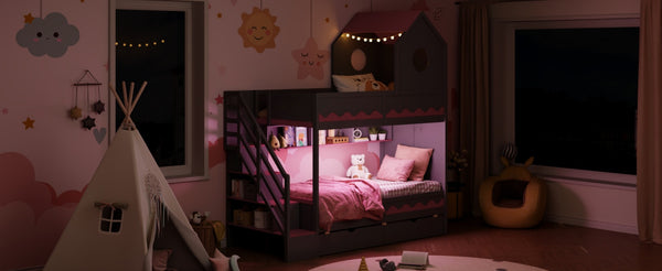 English Elm Twin Over Kids Bunk Bed with Castle Roofline Led Lights and Staircase Storage Gray N820S00068E