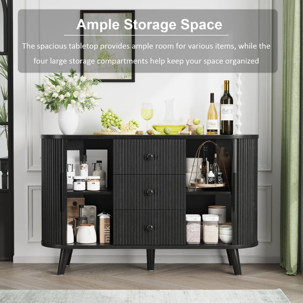 English Elm Sideboard Fluted Credenza with Three Drawers Two Doors Matte Black Modern Storage Black T3773P417309