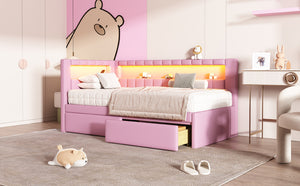 English Elm Upholstered Twin Platform Bed with USB Ports, LED Light Belt, Linen Backrest & 2 Storage Drawers Pink DL001926AAH