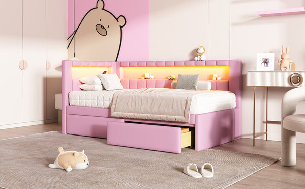 English Elm Upholstered Twin Platform Bed with USB Ports, LED Light Belt, Linen Backrest & 2 Storage Drawers Pink DL001926AAH