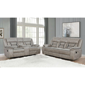 English Elm Brazelton 2-Piece Manual Reclining Sofa & Glider Loveseat Set with Leather, Cup Holders, USB Power taupe B062S00845