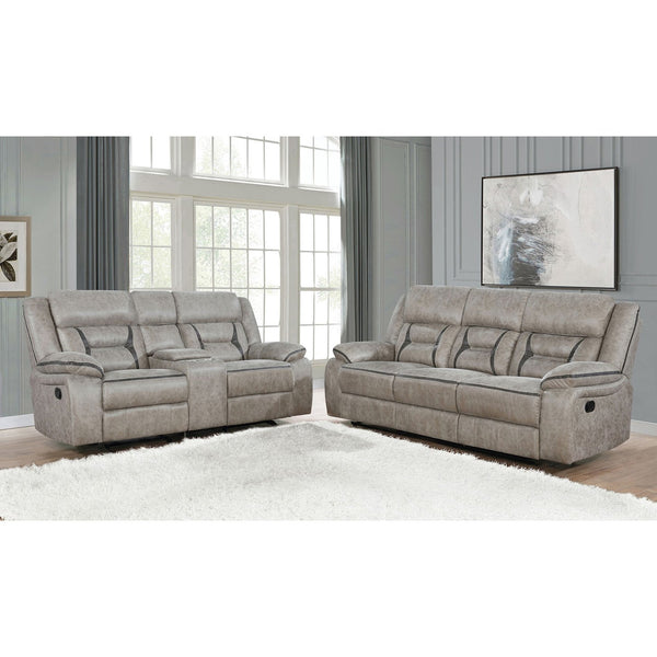 English Elm Brazelton 2-Piece Manual Reclining Sofa & Glider Loveseat Set with Leather, Cup Holders, USB Power taupe B062S00845