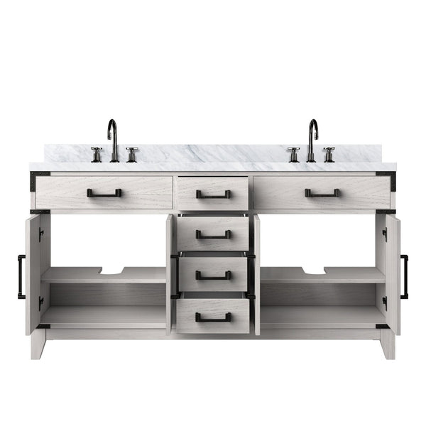 English Elm White Oak Double Bath Vanity With Carrara Marble Top, Chrome Faucet & Ample Storage Space B2731P259870-GIGA