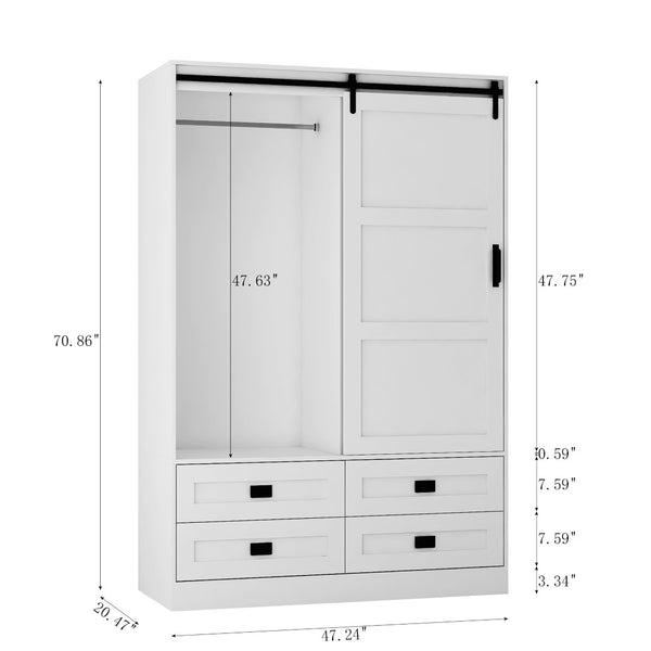 English Elm Tall Farmhouse Wardrobe Armoire with Sliding Barn Doors Drawers and Hanging Rod White W1321S00049