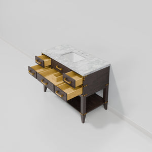 English Elm Brown Oak Single-Sink Vanity 48" With Elegant Carrara Marble Top, Soft-Close Drawers & Ample Storage B2731P260212