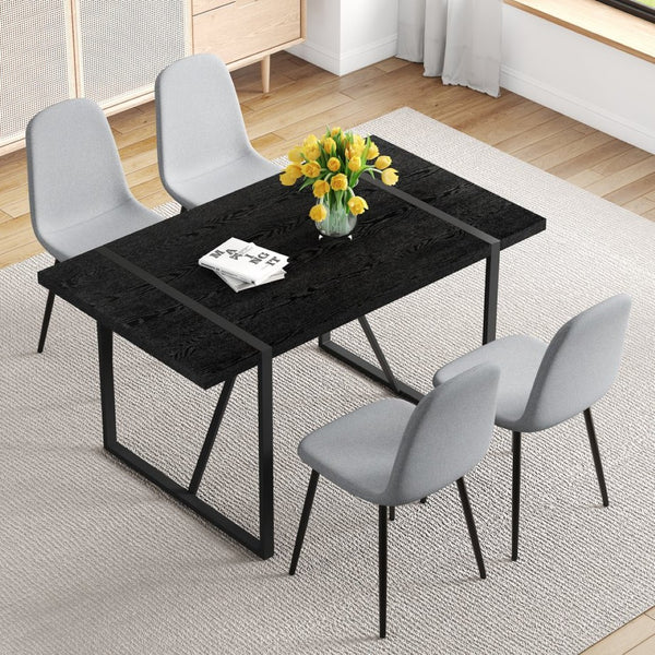 English Elm Table and Chair Set Retro Rectangular Dining with Textured Black Top Gray Linen Seats W1151S04378