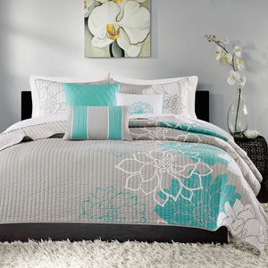 English Elm 6 Piece Printed Cotton Quilt Set with Embroidered Decorative Pillows OEKO-TEX Reversible Floral design for Full/Queen Aqua 22.83 L x 18.11 W x 11.42 H B03597445