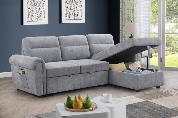 English Elm Ugo Chenille Sleeper Sectional Sofa with Storage Chaise and Built-in Usb Charging Ports Light Gray B2749S00070