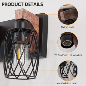 English Elm 38" Industrial Vintage 6-Light Wall Sconce Black Cage with Walnut Wood Accents for Bathroom Hallway Loft Ambience W2312P374840