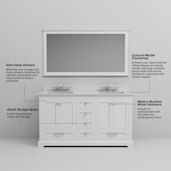 English Elm White 60 in Double Bath Vanity with Cultured Marble Top, Solid Wood, Soft-Close Drawers, Storage B2731P258371
