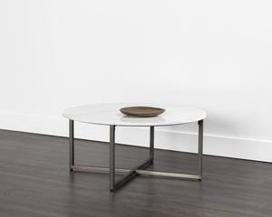 Sunpan Kiara Coffee Table - Elegant White Marble Top with Gunmetal Base, Modern Minimalist Design for Your Home Round - 38W x 38D x 17H