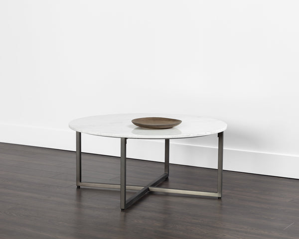 Sunpan Kiara Coffee Table - Elegant White Marble Top with Gunmetal Base, Modern Minimalist Design for Your Home Round - 38W x 38D x 17H