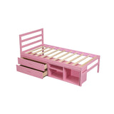 English Elm Twin Size Wood Platform Bed With Removable Storage Shelves, Built-In Two Storage Drawers For Added Convenience, Pink