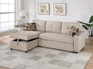 English Elm Beige Convertible Sectional Sofa with Pull-Out Bed, Reversible Storage Chaise & Dual Cupholders B011S01022