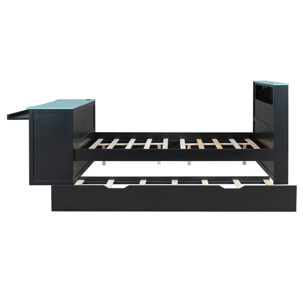 English Elm Full Size Wood Platform Daybed with Trundle Desk Rgb Led Lighting Gaming Bedroom Black+Blue LT000284AAC