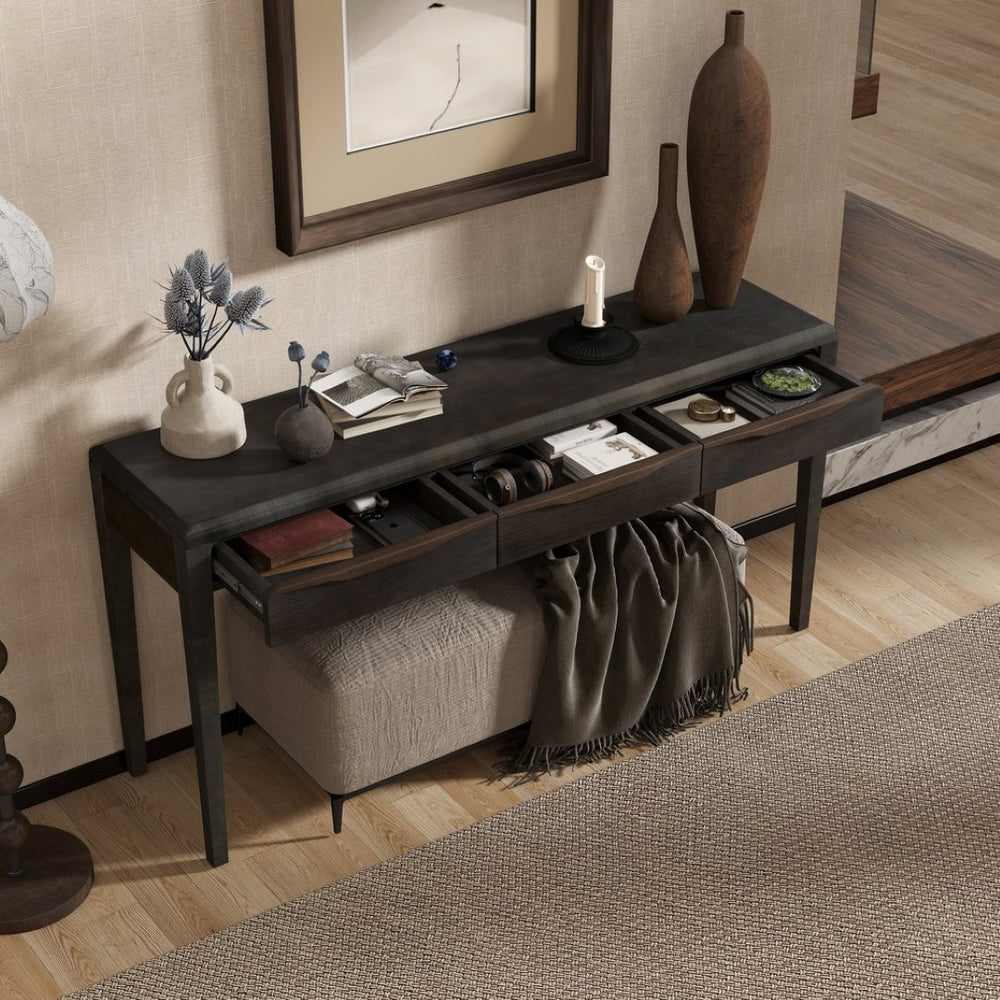 English Elm U_style Oak Veneer Console Table with Three Wave Drawers for Entryway or Foyer Black N711P401926B