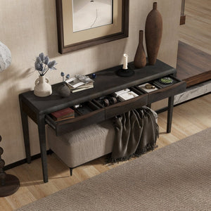 English Elm U_style Oak Veneer Console Table with Three Wave Drawers for Entryway or Foyer Black N711P401926B