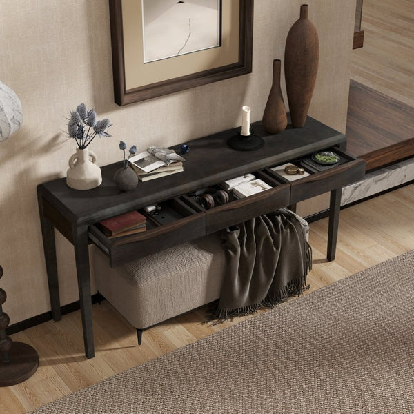 English Elm U_style Oak Veneer Console Table with Three Wave Drawers for Entryway or Foyer Black N711P401926B