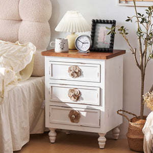 English Elm Vintage Farmhouse End Table with Floral Knobs 3-Drawer Rustic Nightstand Solid Wood Accents Antique White,Walnut W3306P318861