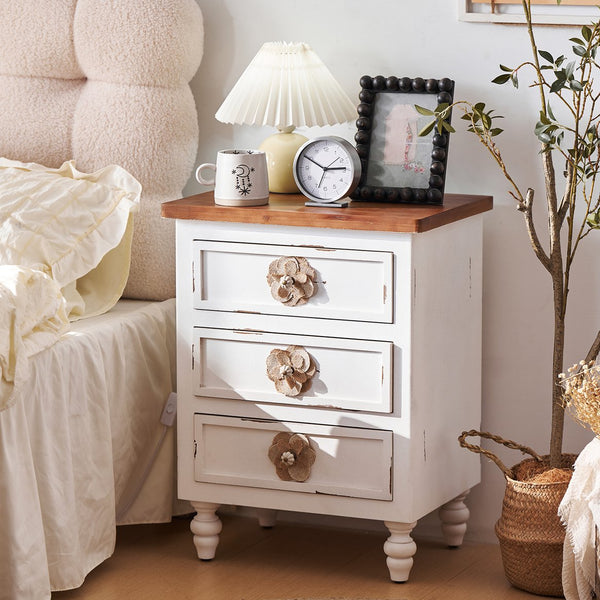 English Elm Vintage Farmhouse End Table with Floral Knobs 3-Drawer Rustic Nightstand Solid Wood Accents Antique White,Walnut W3306P318861