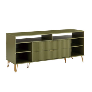 English Elm Dumbo 63" Fluted Media Console with Gold Legs, 2 Drawers, 6 Shelves & Wire Management Elegance Olive Green B365P397921