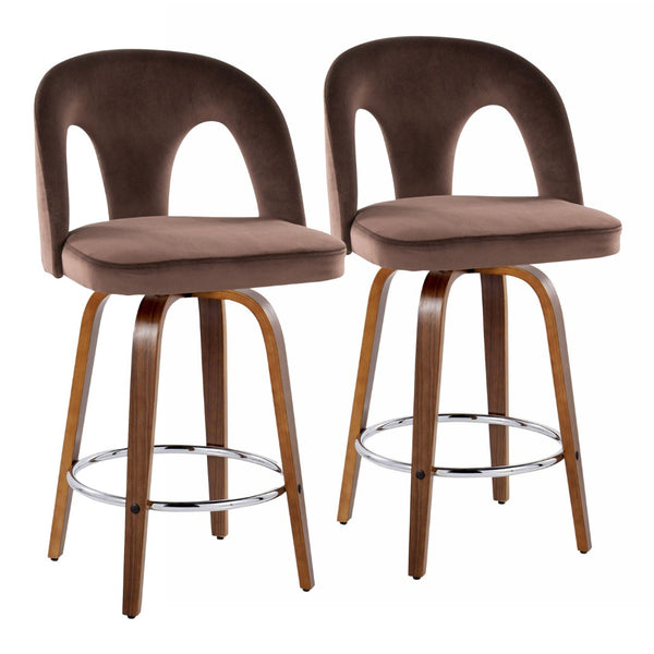 English Elm Fixed-height Swivel Counterstools Walnut Legs Espresso Velvet Chrome Footrest Pair B202S01795
