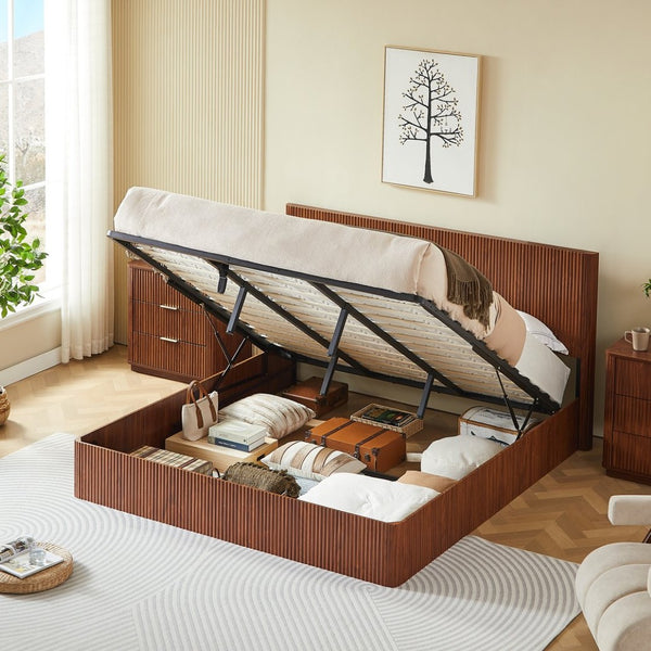 English Elm King Platform Storage Bed Walnut Hydraulic Lift Corrugated Wood Headboard Frame W1820S00060