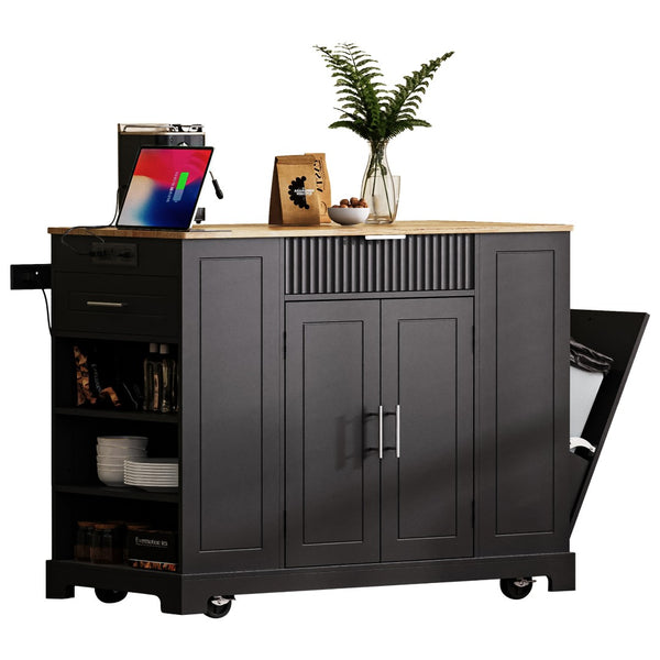 English Elm K&k Rolling Kitchen Island Rubber Wood Top Fluted Cabinet Built-in Charging Station Black N707S221571B