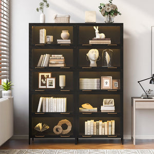 English Elm 76.75'' Tall Steel Barrister Bookcase with Led Lit Shelves and Brass Hardware Display Black SN845P397473B
