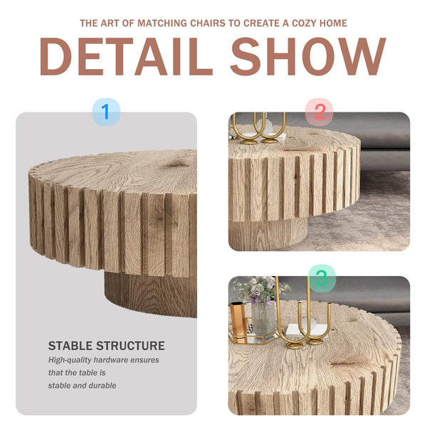 English Elm Modern Minimalist Circular Coffee Table 31.4'' - Natural Wood Finish, Durable & Versatile Design W1727P251152