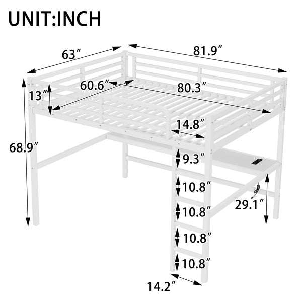 English Elm Metal Queen Loft Bed With Integrated Desk, Led Lights, Power Outlet – Stylish Space-Saver Solution W1580S00139