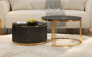 English Elm Modern Round Nesting Coffee Table Set with Gold Pedestal Legs and Storage Drawers Black N735P349323B