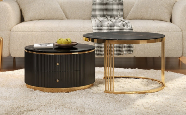 English Elm Modern Round Nesting Coffee Table Set with Gold Pedestal Legs and Storage Drawers Black N735P349323B