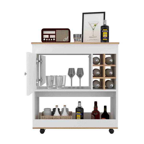 English Elm Camelia Elegant Bar Cart with Six Bottle Cubbies, Smooth Casters, Lower Shelf and Cabinet Storage Multicolor 39.8 L x 23.6 W x 7.9 H B20092081