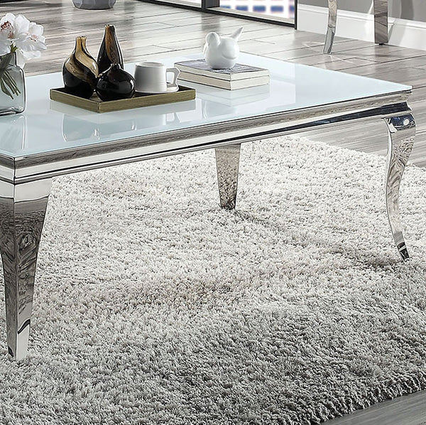English Elm Glam Stainless Steel Coffee Table with Beveled Tempered Glass Top and Elegant Cabriole-Style Legs Silver,White 55 L x 30 W x 4 H B011S01176