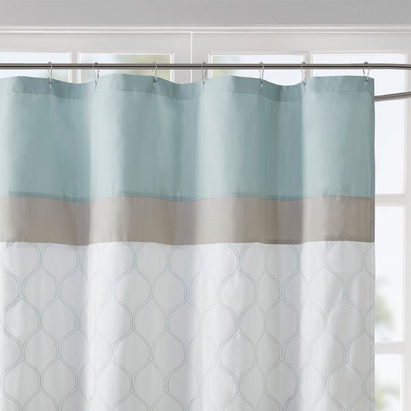 JLA Home 510 Design - Printed Embroidered Shower Curtain in Seafoam Microfiber with Lined Backing, Texture & Machine-Washable Elegance 5DS70-0094