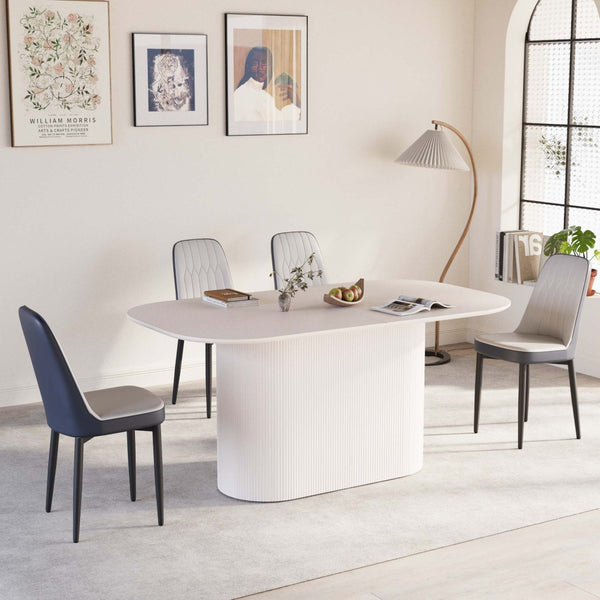 English Elm 63 Inch Mdf Cream Dining Set with Pu Cushioned Chairs and Black Metal Legs Seats 4 Blue+Cream W2189S00871