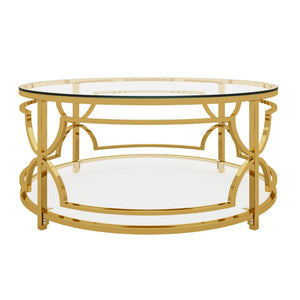 English Elm Round Tempered Glass Coffee Table with Gold Geometric Metal Base and Open Storage Shelf Transparent N735P396530K