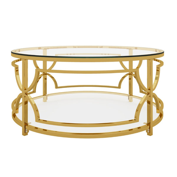 English Elm Round Tempered Glass Coffee Table with Gold Geometric Metal Base and Open Storage Shelf Transparent N735P396530K
