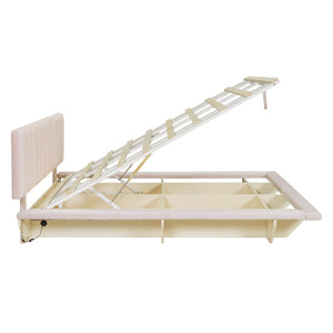 English Elm Queen Upholstered Floating Bed with LED Lighting, Hydraulic Lift, 4 Storage Drawers, Velvet Luxury Pink SF000132AAH