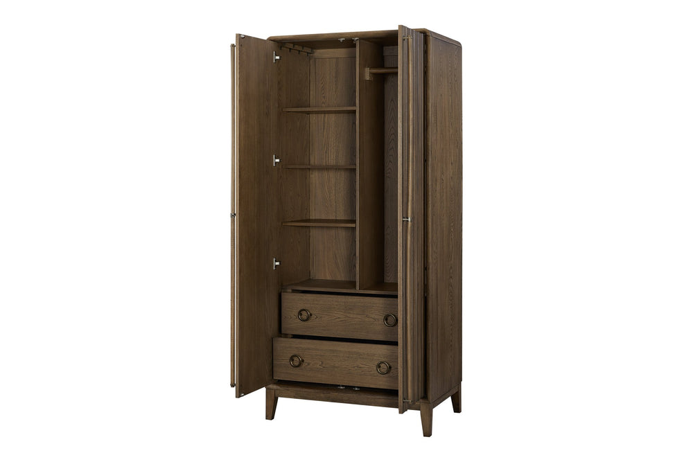 English Elm Armoire Latte Solid Wood+MDF Wardrobe with 2 Cedar-Lined Drawers, 4 Shelves, Rod & 5 Hooks, Mid-Brown Finish B2699P346314
